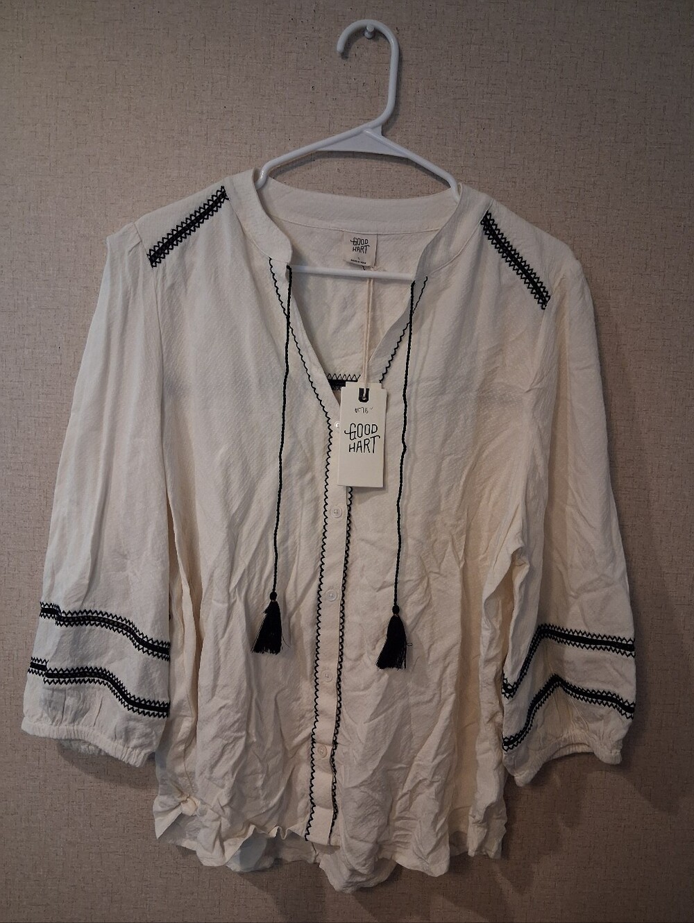 Good Hart Women's White Embroidered Tassel Tunic Top Sz L New